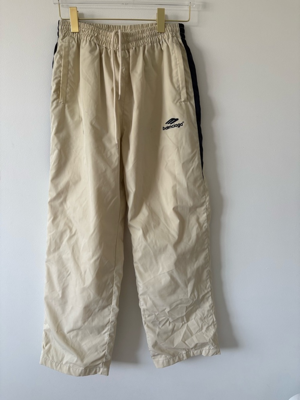 Cream Track Pants with Navy/ Black Side Detail.